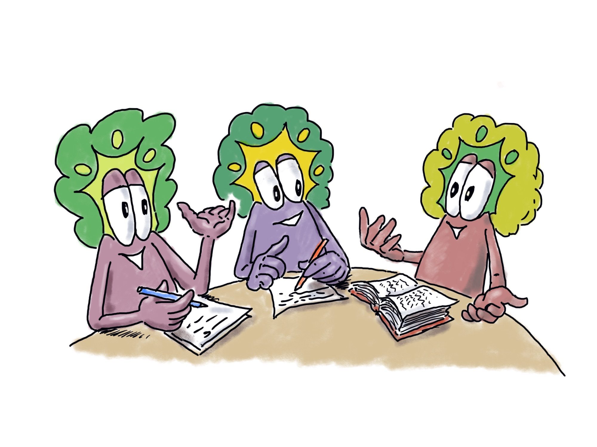 Drei Schulmaskottchen arbeiten gemeinsam an einem Tisch mit Heften und einem Buch